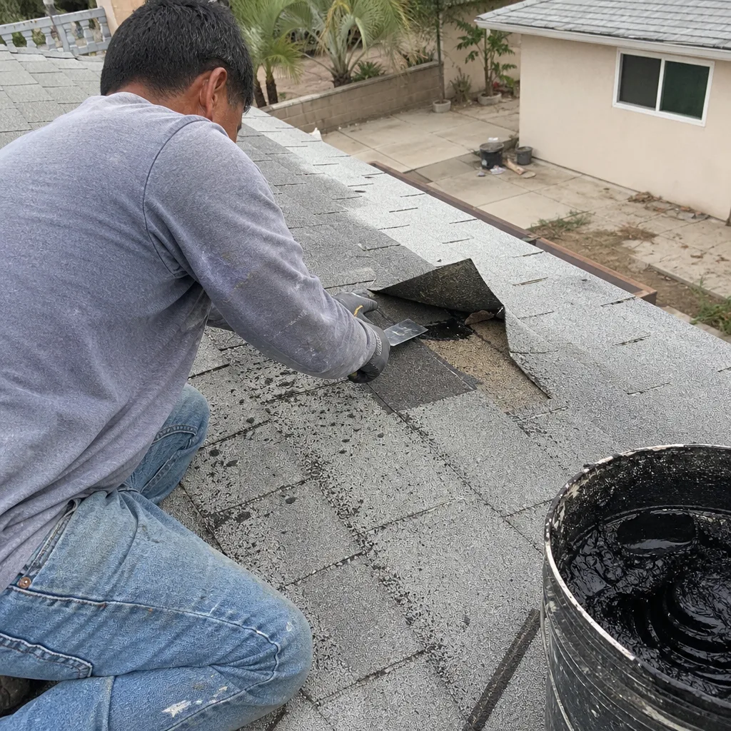 Professional roofer applying sealant during asphalt shingle roof repair