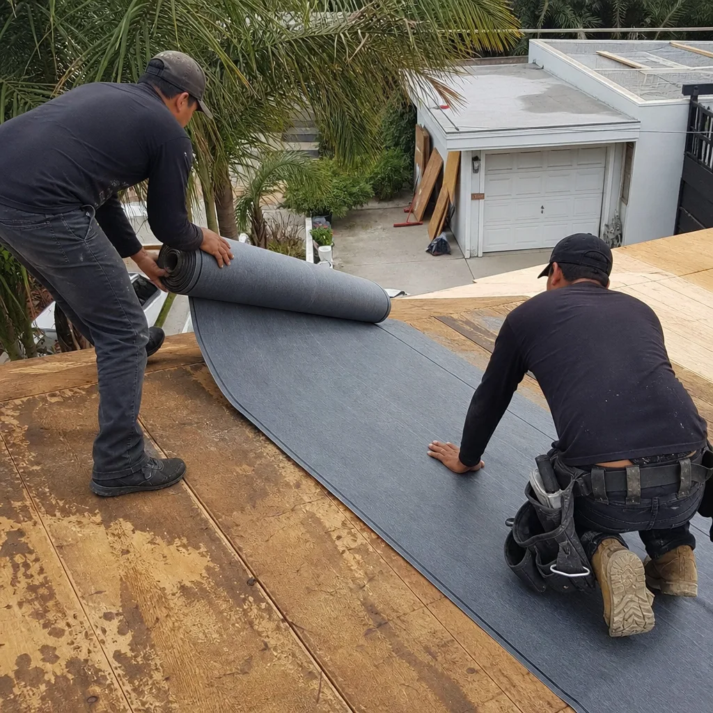 Two professional roofers installing new gray roofing underlayment on a roof