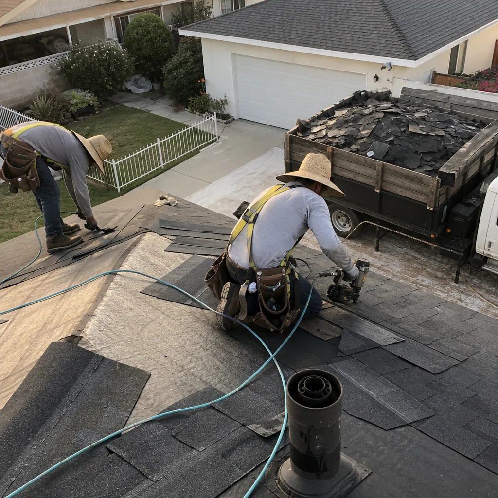 Professional roofers installing asphalt shingles during a residential roof replacement project.