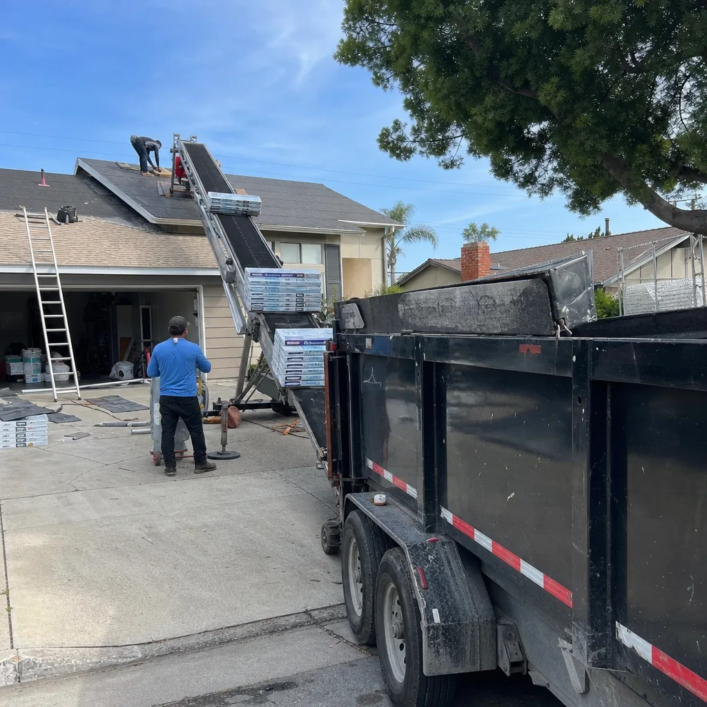 Roofing crew using conveyor belt to transport shingles to residential roof