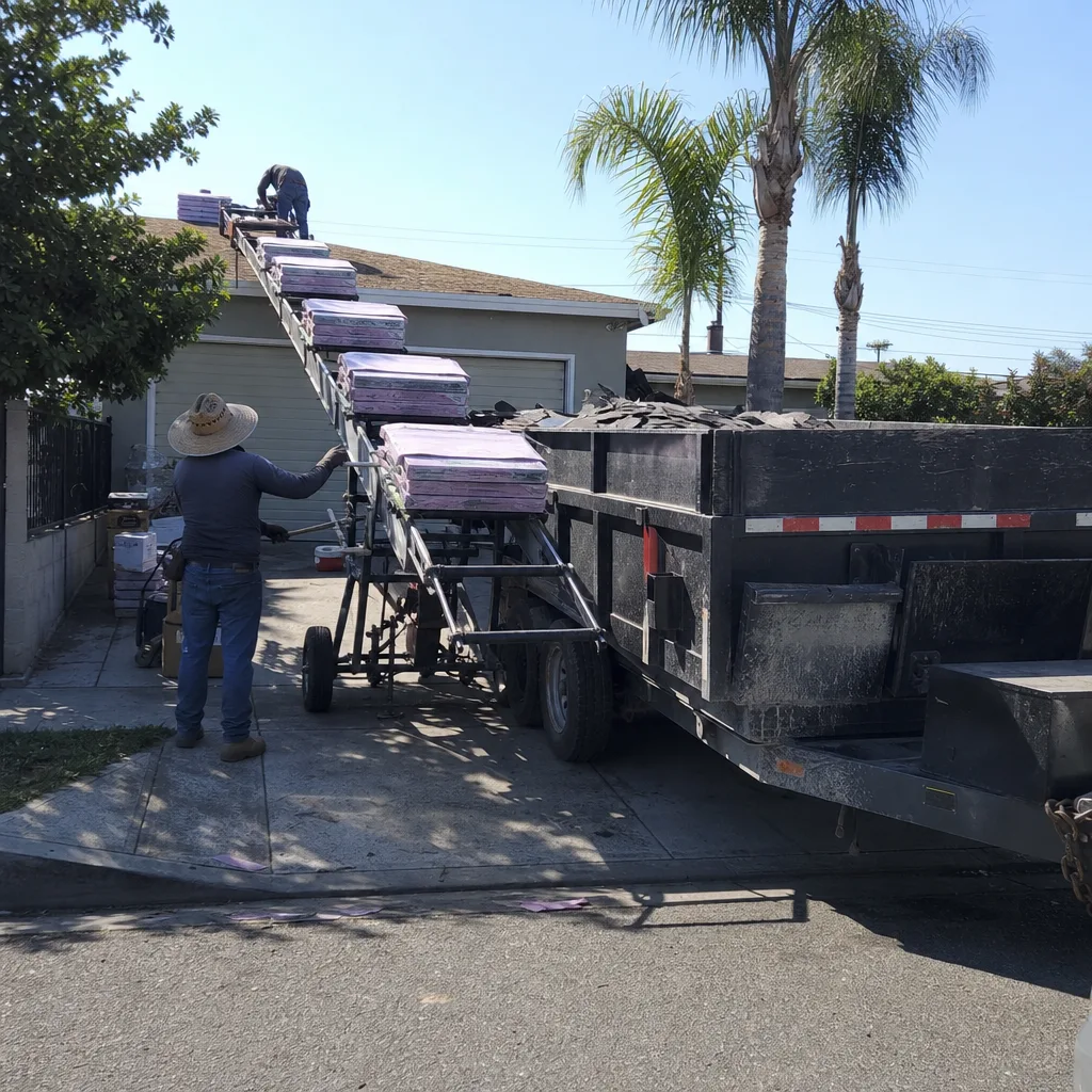 Roofing contractor using conveyor belt for roof insulation delivery