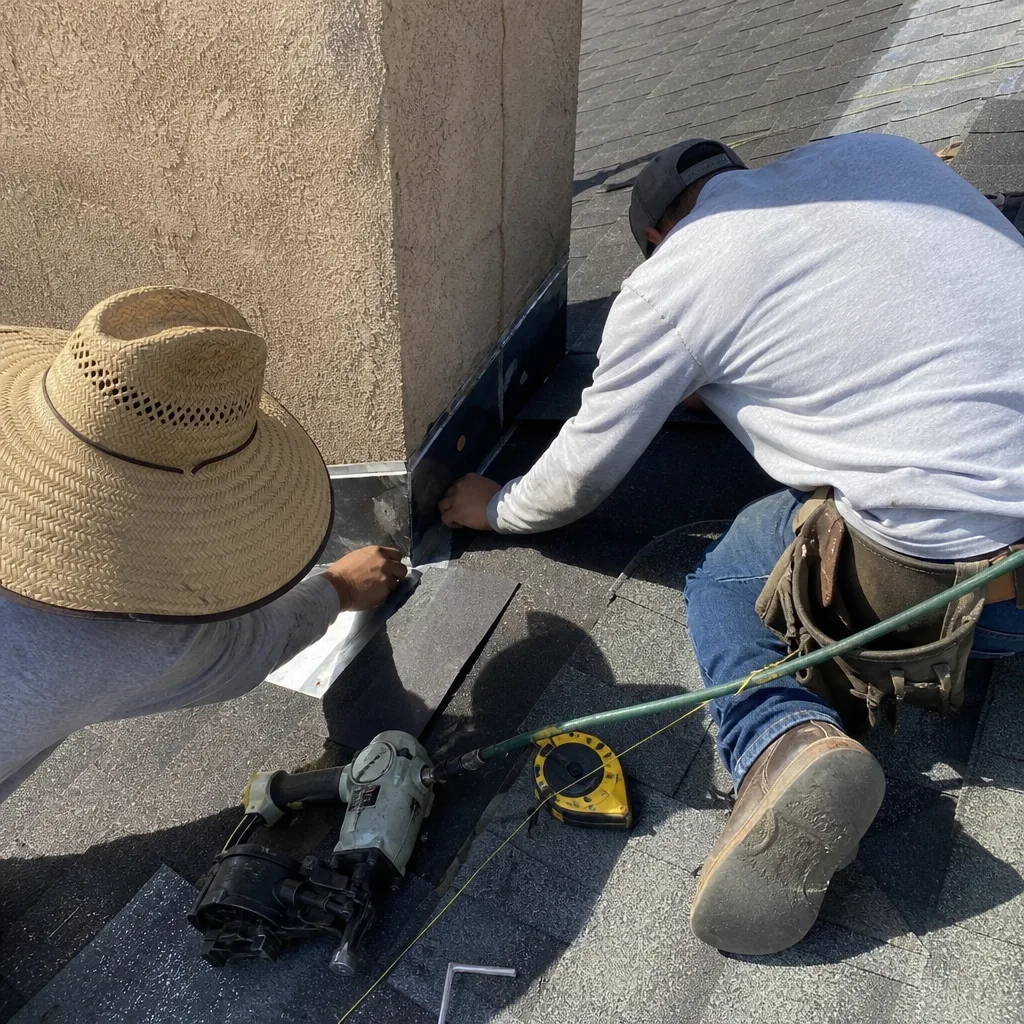 Roofers installing chimney flashing on a residential shingled roof